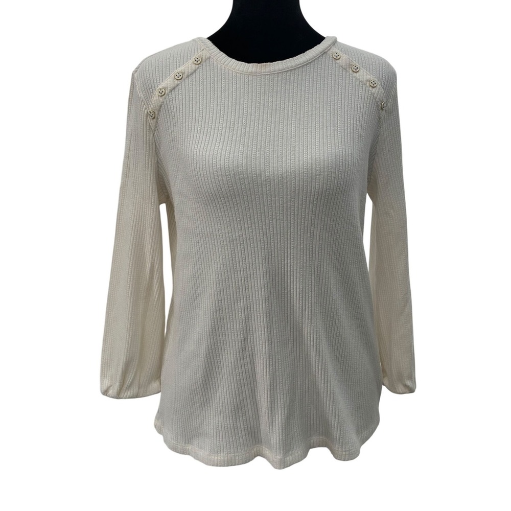 Liz Claiborne Cream White Ribbed Knit Button Shoulder Top Long Sleeve Small